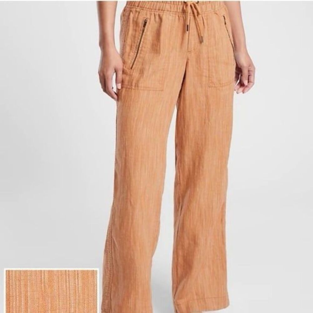 Athleta Siena Beige Cabo Linen Textured Wide Leg Pull On Drawstring Pants 12